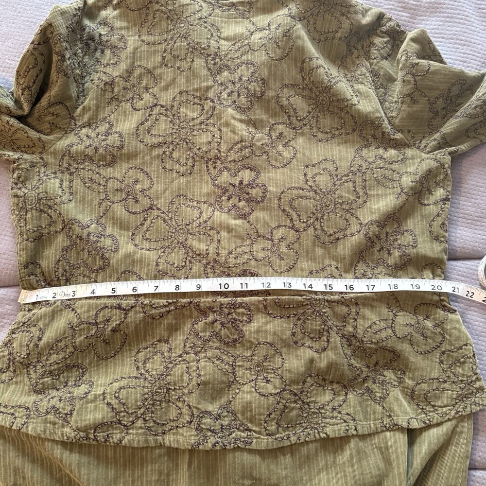 VTG Flax Shirt Dress‎ MED Green Corduroy Floral Embroidery 100% Cotton Lagenlook - Picture 12 of 14